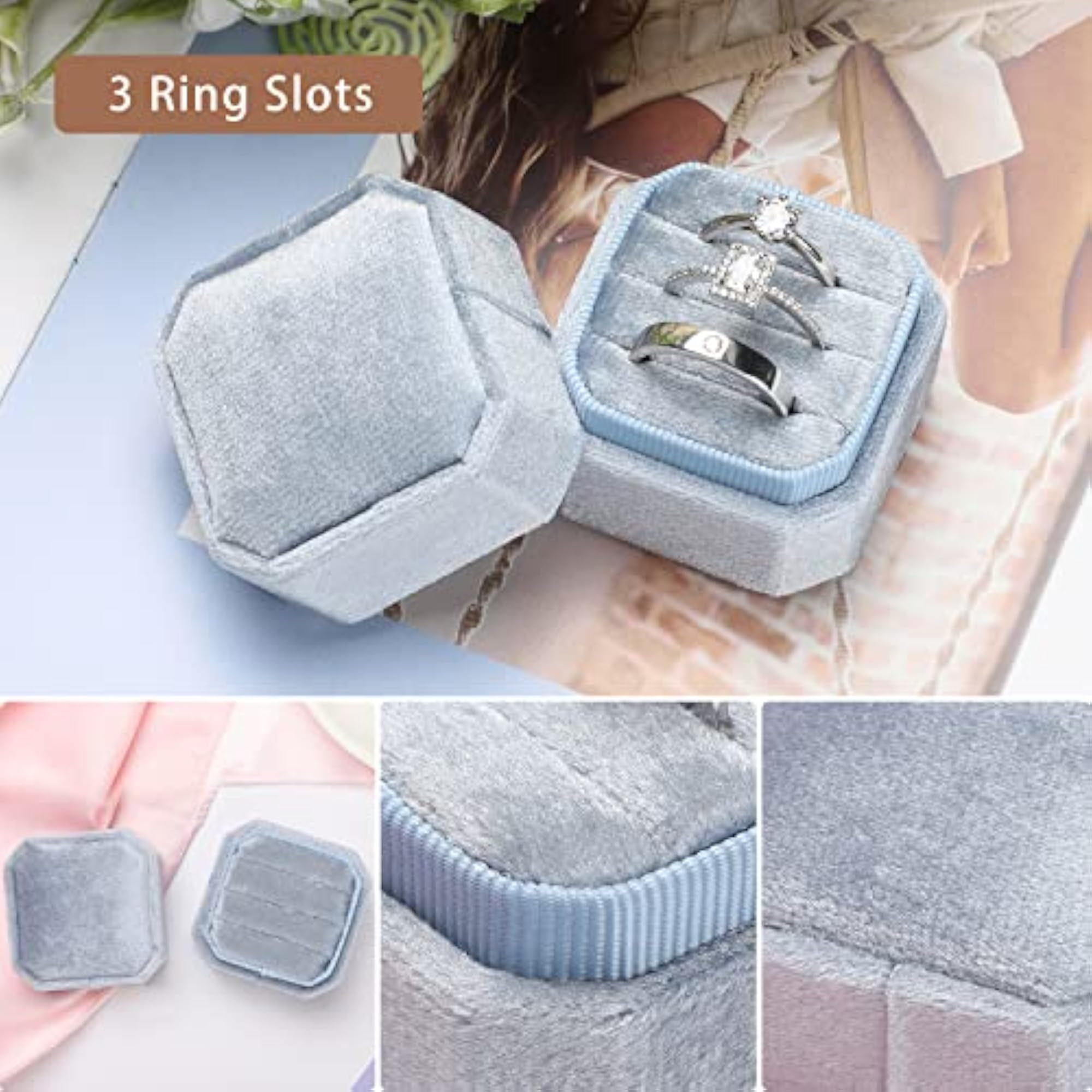 Velvet Ring Box with 3 Slots, Octagon Design